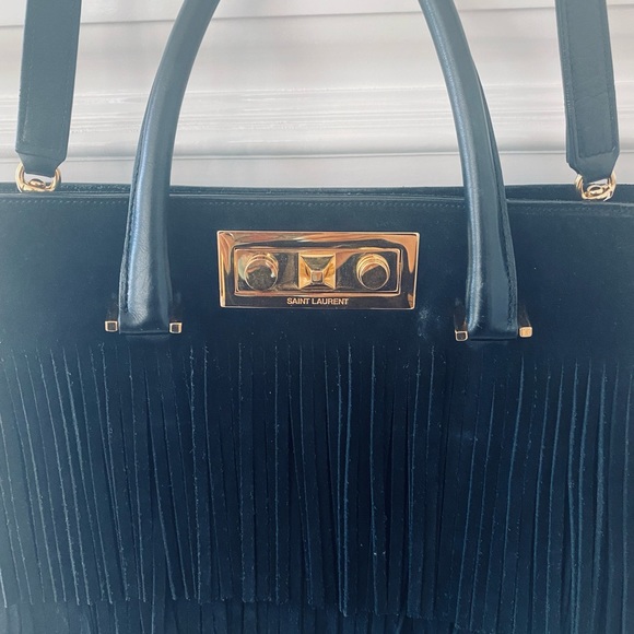 SAINT LAURENT ELEGANT BLACK Suede Layers of Fringes lined Beautifully with Gold - Picture 4 of 16